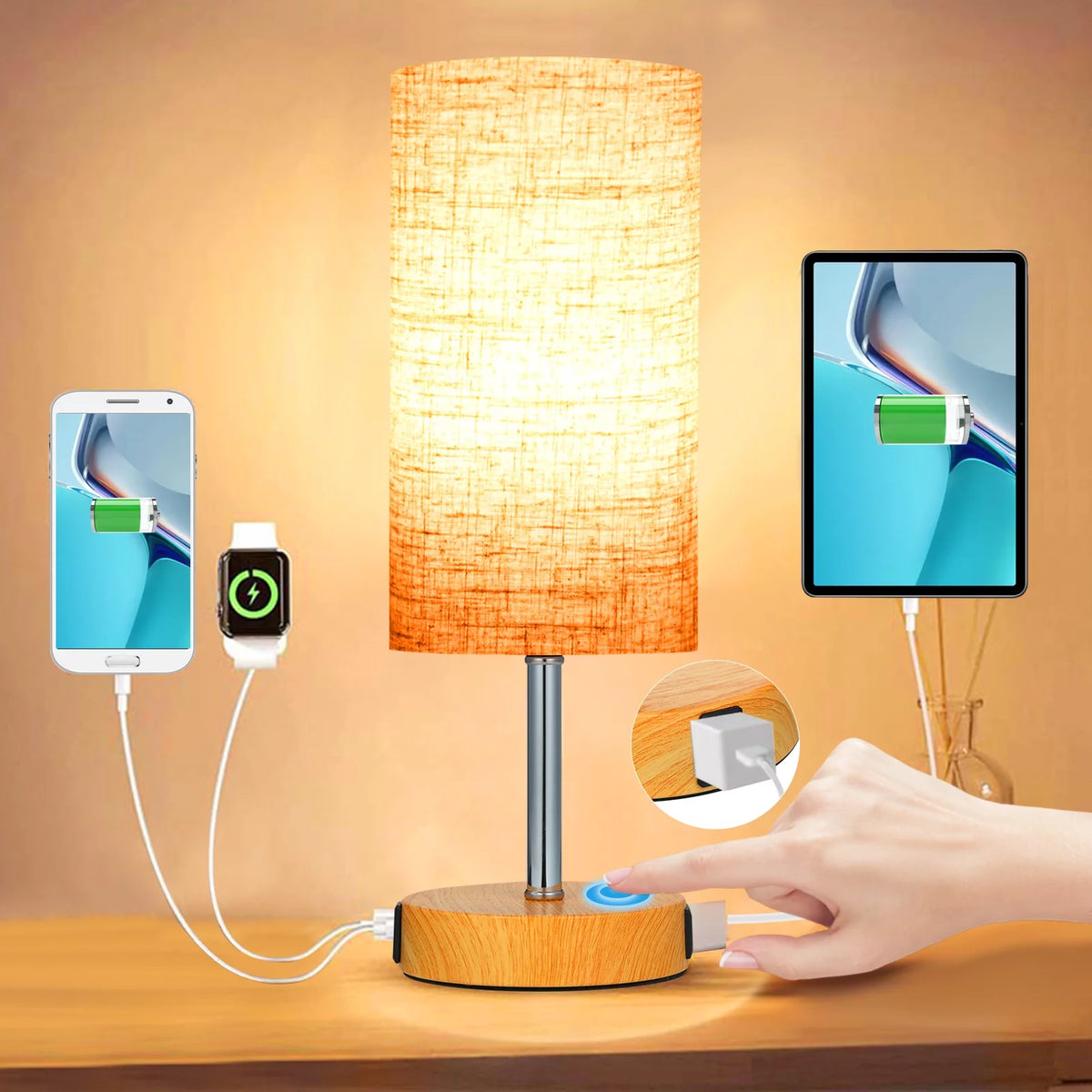 Touch Control Table Lamp with 2 USB Charging Ports and AC Outlet O744