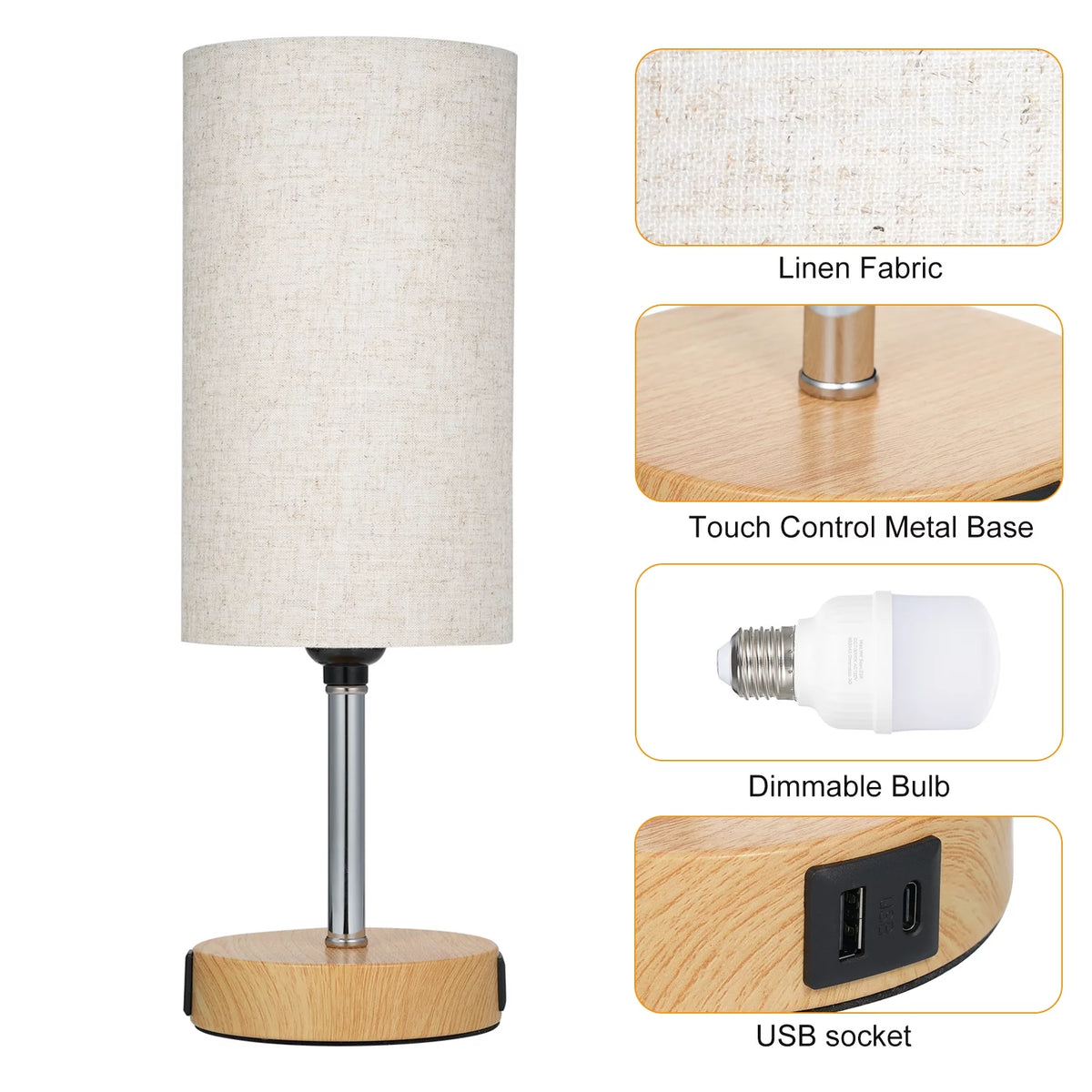 Touch Control Table Lamp with 2 USB Charging Ports and AC Outlet O744