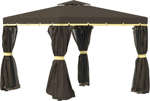 10' x 10' Beige Patio Gazebo with Double Tier Roof, Netting and Curtains D7164