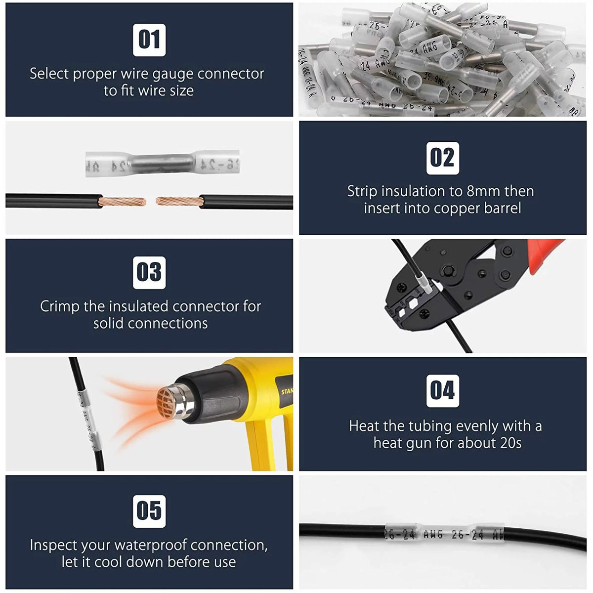 100Pcs 26-24 AWG Clear Insulated Waterproof Heat Shrink Butt Wire Connectors B9042