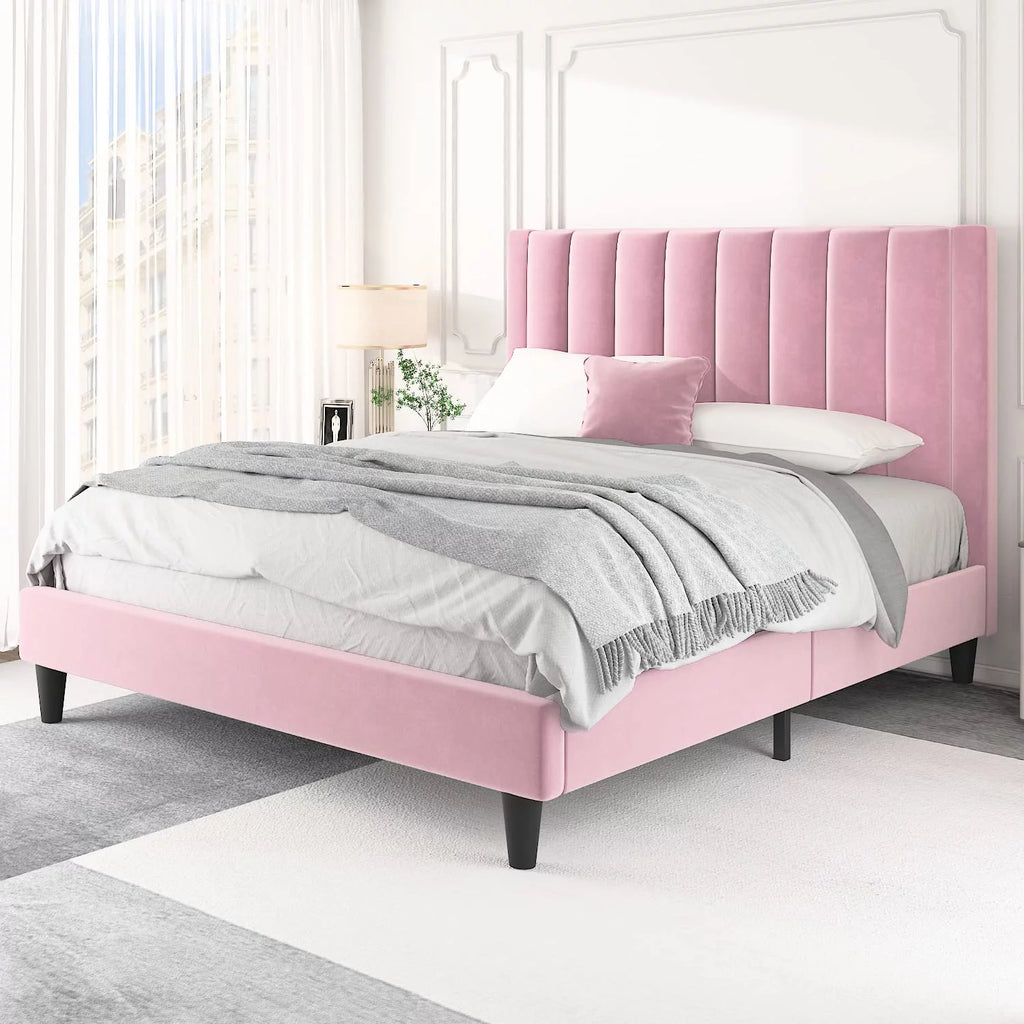 Full Size Platform Bed Frame with Velvet Headboard P865