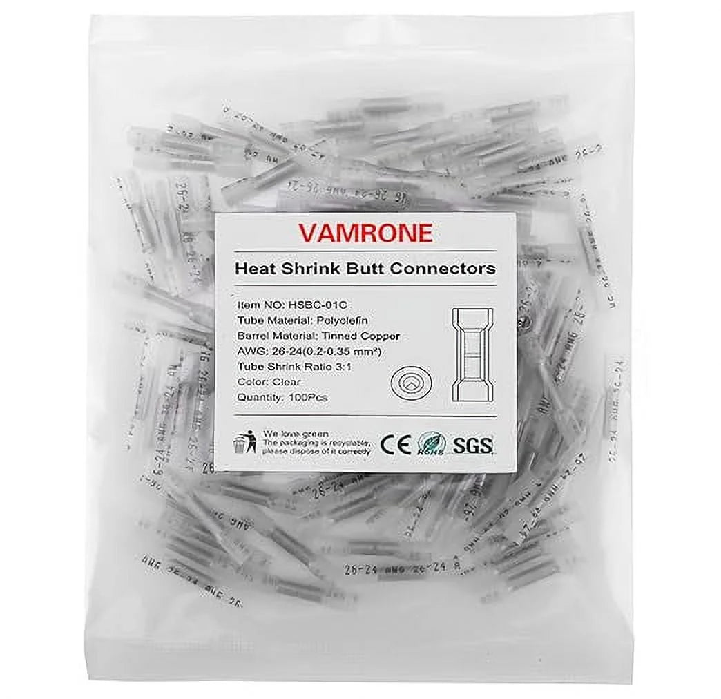 100Pcs 26-24 AWG Clear Insulated Waterproof Heat Shrink Butt Wire Connectors B9042
