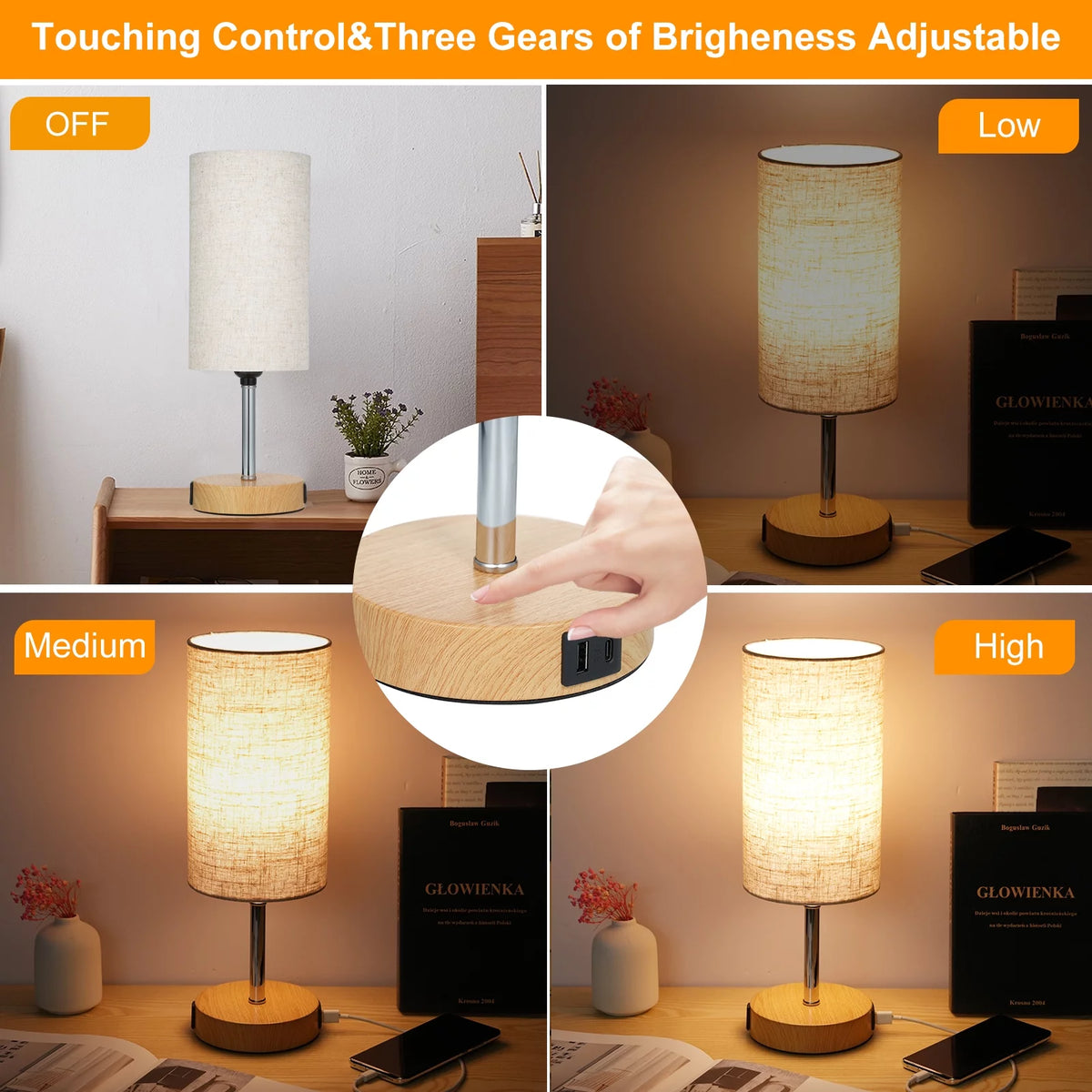 Touch Control Table Lamp with 2 USB Charging Ports and AC Outlet O744