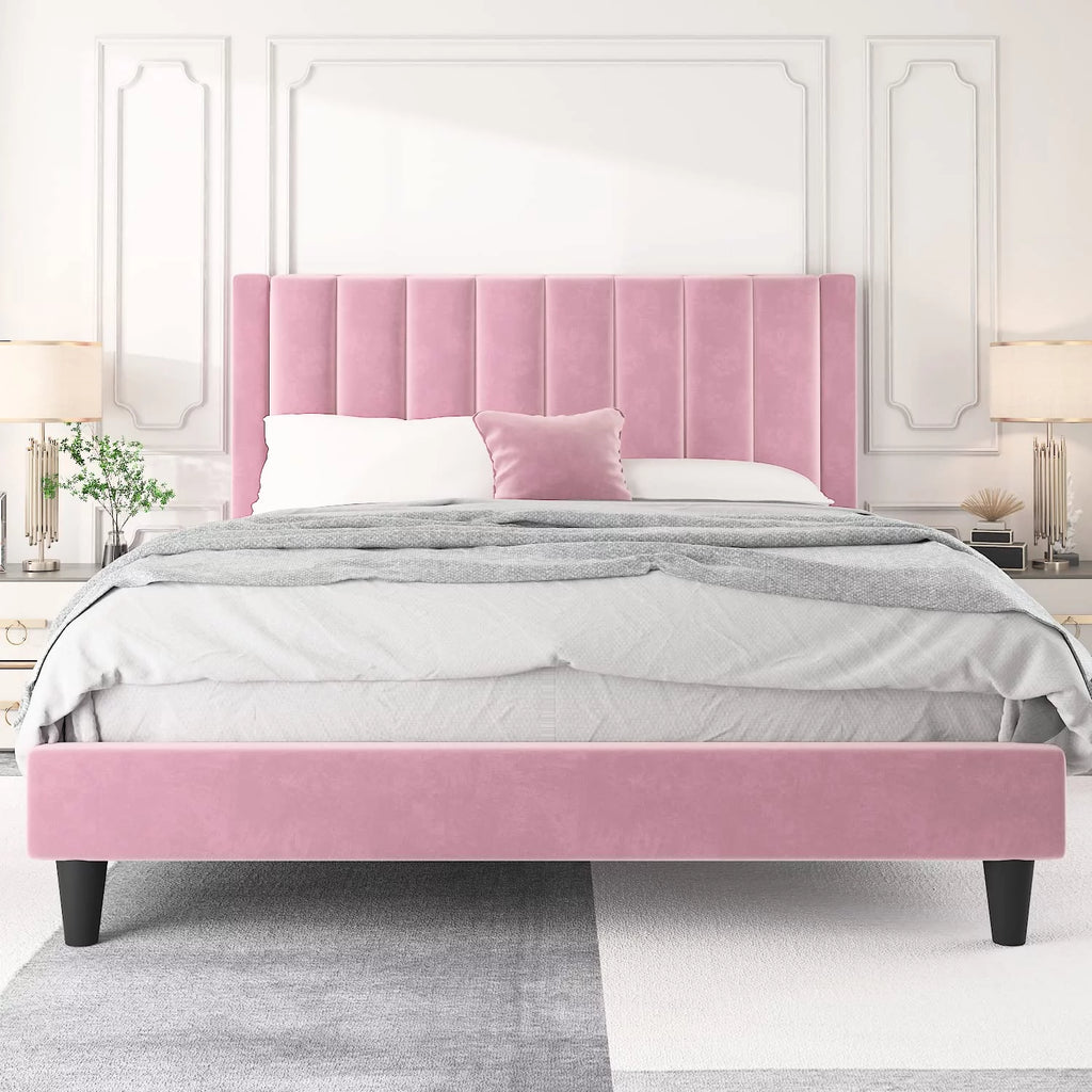 Full Size Platform Bed Frame with Velvet Headboard P865