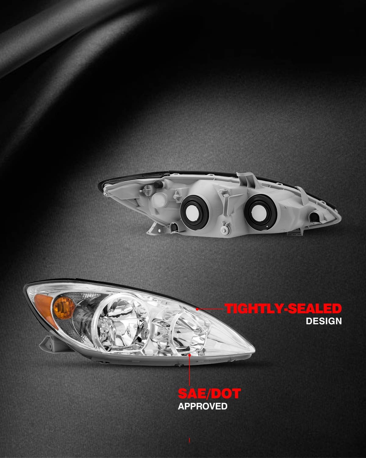 Replacement Headlight Assembly for 2002-2004 Camry Amber Reflector Clear Lens Driver & Passenger Side K350010