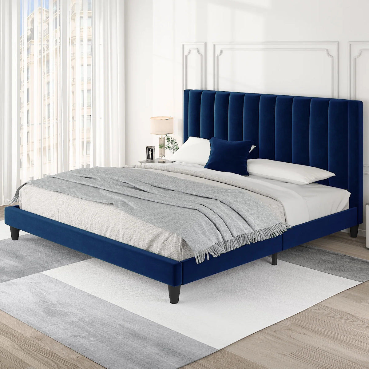 Full Size Platform Bed Frame with Velvet Headboard P865